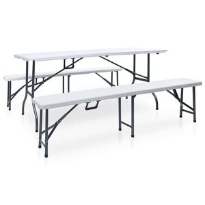 vidaXL Mesa de jard&iacute;n plegable con 2 bancos acero y HDPE blanco 180 cm