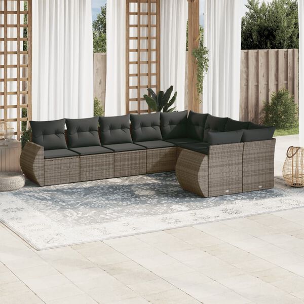 vidaXL Set de muebles de jard&iacute;n 9 pzas y cojines rat&aacute;n sint&eacute;tico gris