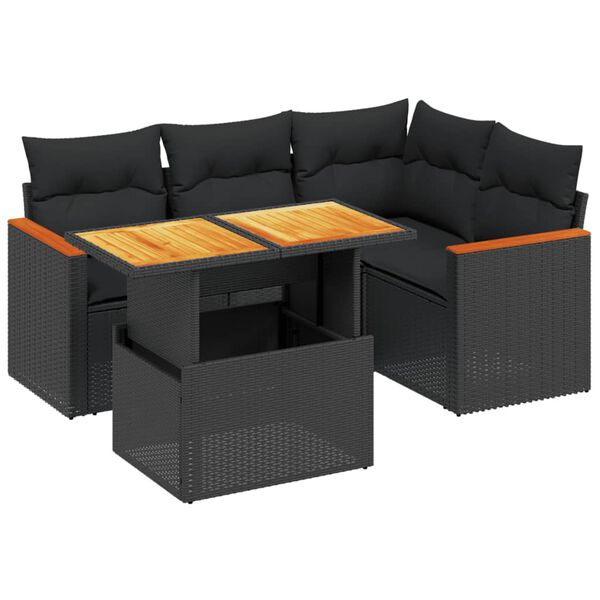 vidaXL Set de muebles de jard&iacute;n 5 pzas y cojines rat&aacute;n sint&eacute;tico negro
