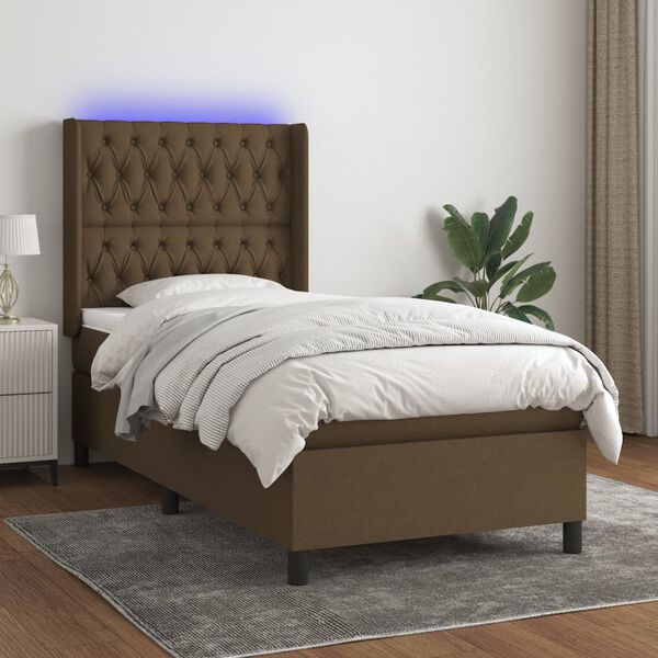 vidaXL Cama box spring colch&oacute;n y luces LED tela marr&oacute;n oscuro 90x190cm