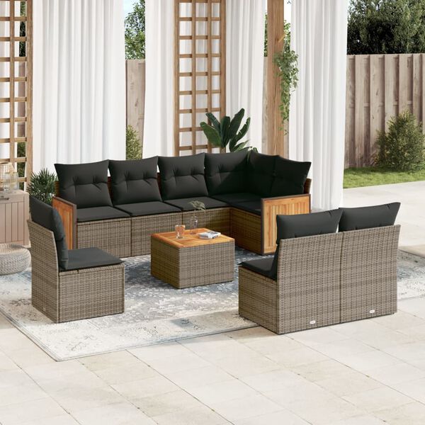 vidaXL Set de muebles de jard&iacute;n 9 pzas y cojines rat&aacute;n sint&eacute;tico gris
