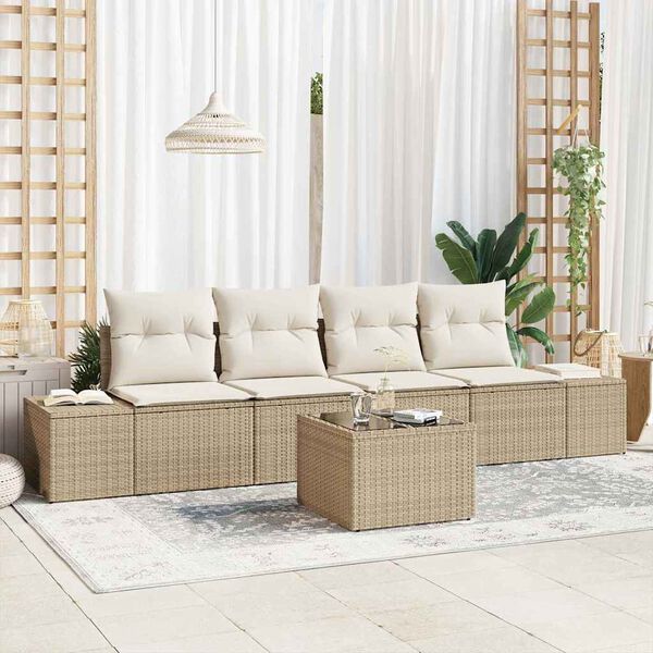 vidaXL Conjunto de sof&aacute; de jard&iacute;n 5 pcs Beige y Crema rat&aacute;n sint&eacute;tico