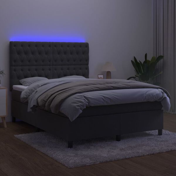 vidaXL Cama box spring colch&oacute;n y LED terciopelo gris oscuro 140x200 cm