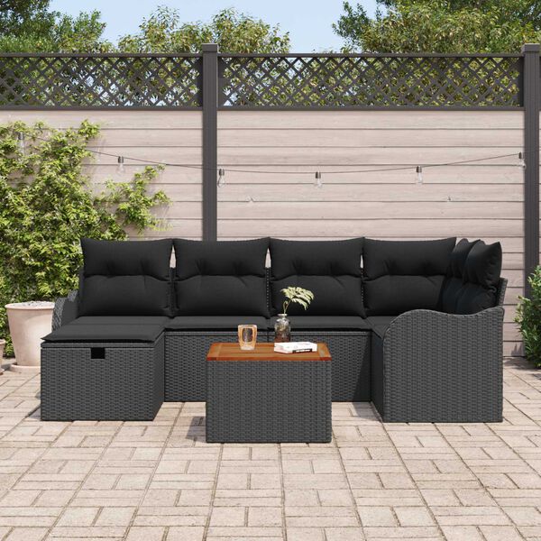 vidaXL Conjunto de sofá de jardín con cojín 7 pcs Negro Poliratán