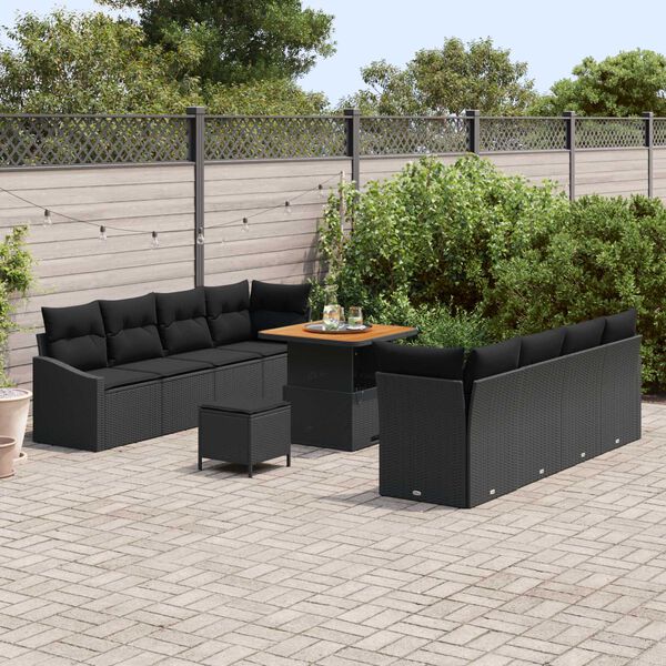 vidaXL Conjunto de sofá de jardín con cojín con almohada 11 pcs Negro