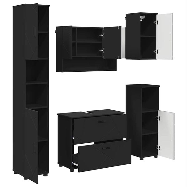 vidaXL Juego de muebles de ba&ntilde;o 5 pcs Negro Madera engineered y metal