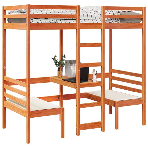 vidaXL Cama alta escritorio y asientos madera maciza marrón 75x190 cm
