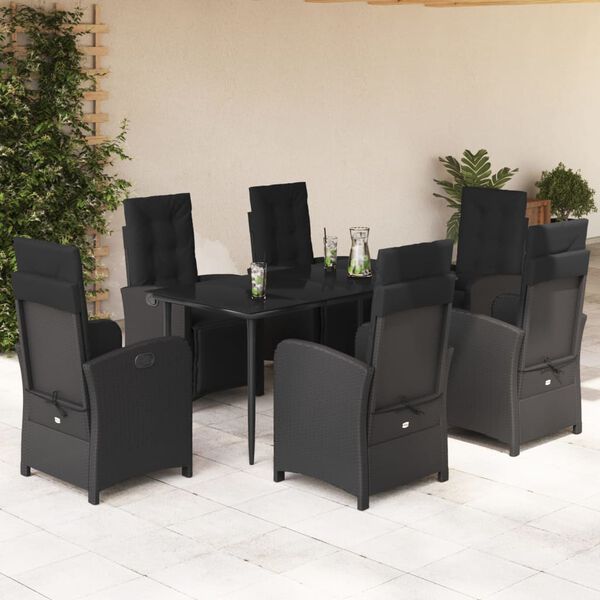 vidaXL Set de comedor de jard&iacute;n 7 pzas y cojines rat&aacute;n sint&eacute;tico negro