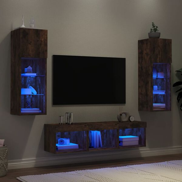 vidaXL Muebles TV pared con LED 5 pzas madera ingenier&iacute;a roble ahumado