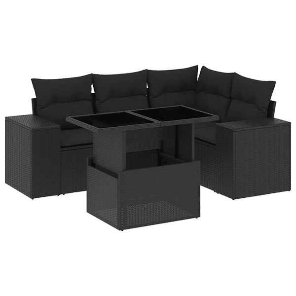 vidaXL Set de muebles de jard&iacute;n 5 pzas y cojines rat&aacute;n sint&eacute;tico negro