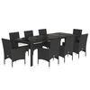 vidaXL Set comedor jard&iacute;n 9 pzas cojines rat&aacute;n sint&eacute;tico vidrio negro