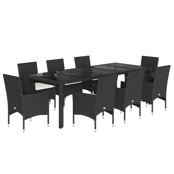 vidaXL Set comedor jard&iacute;n 9 pzas cojines rat&aacute;n sint&eacute;tico vidrio negro