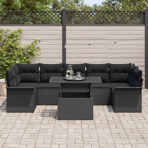 vidaXL Conjunto de sof&aacute; de jard&iacute;n con coj&iacute;n 8 pcs Negro Polirat&aacute;n