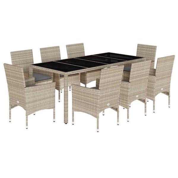 vidaXL Set de comedor jard&iacute;n 9 piezas y cojines rat&aacute;n PE y vidrio gris