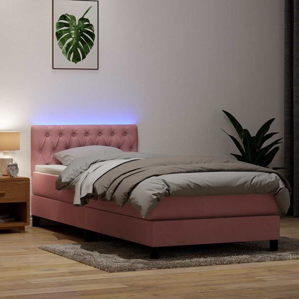 vidaXL Cama box spring con colch&oacute;n y LED terciopelo rosa 80x210 cm