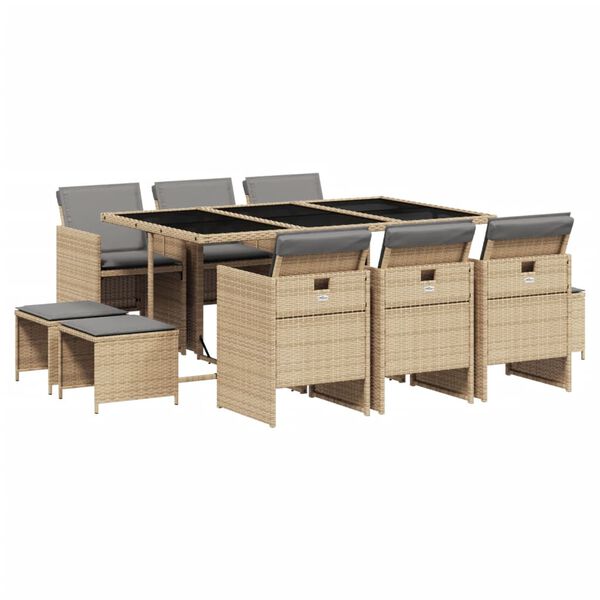 vidaXL Set comedor de jard&iacute;n 11 pzas con cojines rat&aacute;n sint&eacute;tico beige
