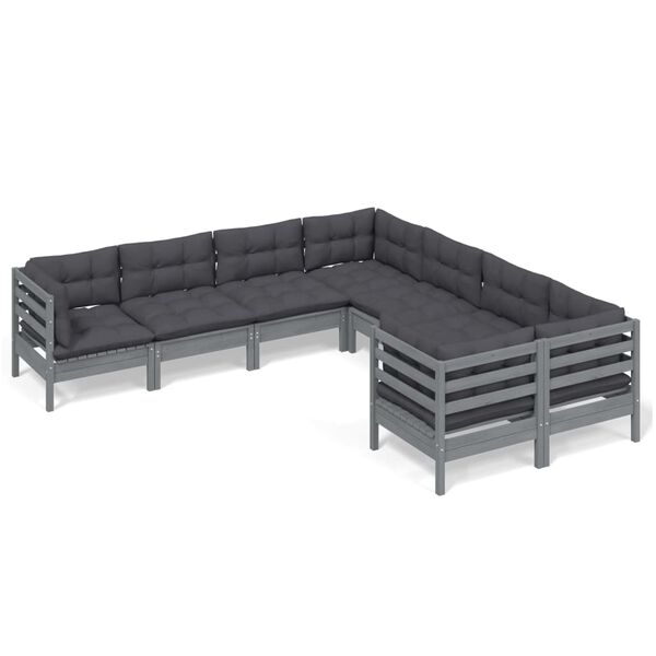 vidaXL Muebles de jard&iacute;n 8 pzas y cojines gris madera maciza de pino