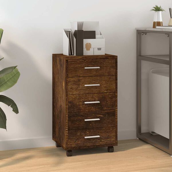vidaXL Cajonera con ruedas madera contrachapada roble ahumado