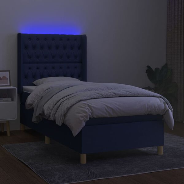 vidaXL Cama box spring colch&oacute;n y luces LED tela azul 100x200 cm