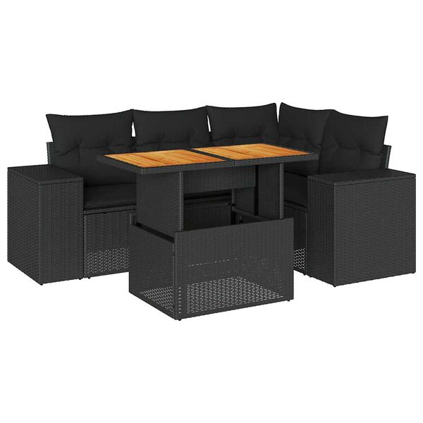 vidaXL Set de muebles de jard&iacute;n 5 pzas y cojines rat&aacute;n sint&eacute;tico negro