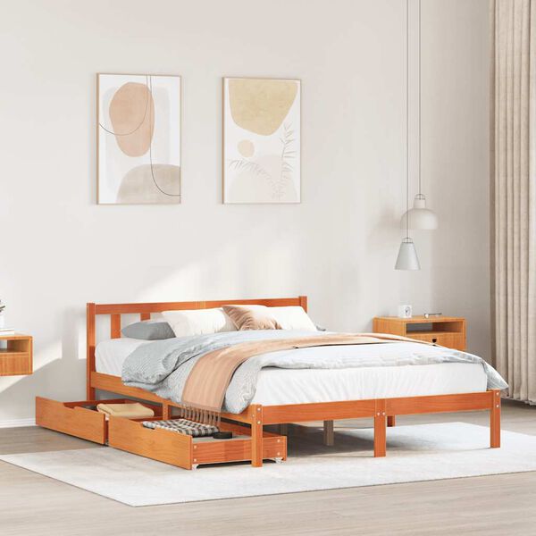 vidaXL Cama sin colchón madera maciza de pino marrón cera 140x190 cm