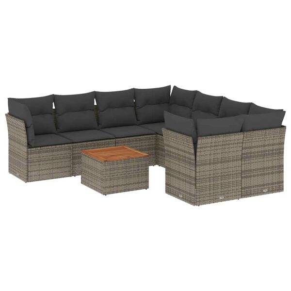 vidaXL Set de muebles de jard&iacute;n 9 pzas y cojines rat&aacute;n sint&eacute;tico gris