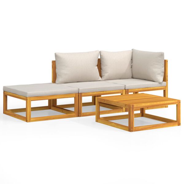 vidaXL Set muebles de jard&iacute;n 4 pzas madera maciza y cojines gris claro