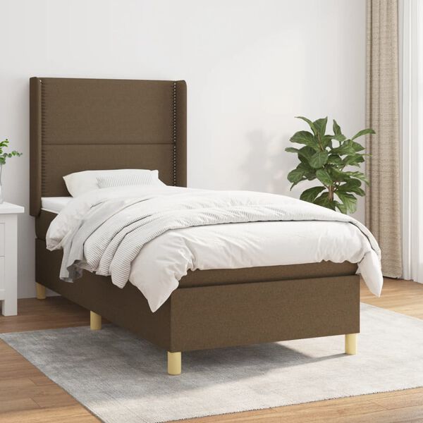 vidaXL Cama box spring con colch&oacute;n tela marr&oacute;n oscuro 90x190 cm