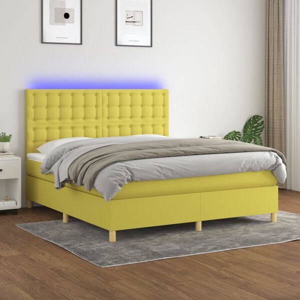 vidaXL Cama box spring colch&oacute;n y luces LED tela verde 180x200 cm