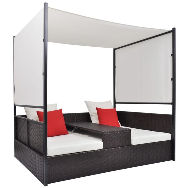 vidaXL Cama de jard&iacute;n con toldo rat&aacute;n sint&eacute;tico marr&oacute;n 190x130 cm