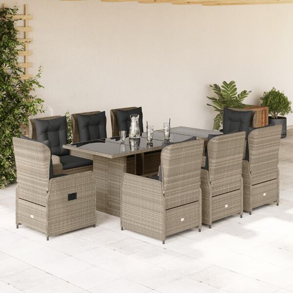 vidaXL Set comedor de jard&iacute;n 9 pzas cojines rat&aacute;n sint&eacute;tico gris claro