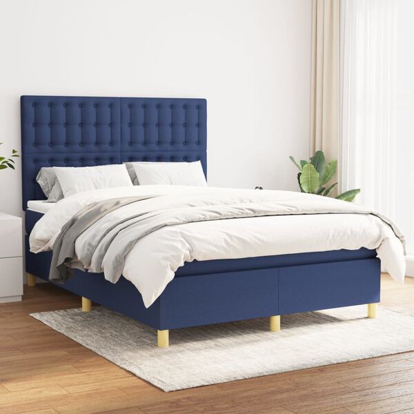 vidaXL Cama box spring con colch&oacute;n tela azul 140x200 cm