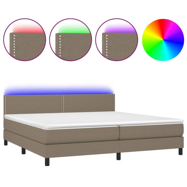 vidaXL Cama box spring colch&oacute;n y luces LED tela gris taupe 200x200 cm