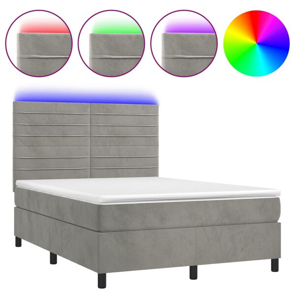 vidaXL Cama box spring colch&oacute;n y LED terciopelo gris claro 140x190 cm