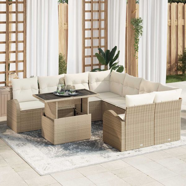 vidaXL Conjunto de sof&aacute; de jard&iacute;n 9 pcs Beige Rattan de Poli&eacute;ster