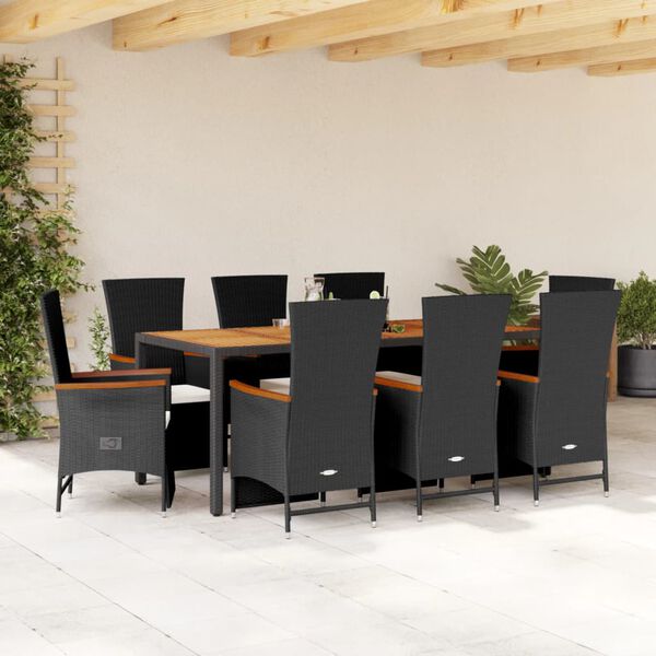 vidaXL Set de comedor de jard&iacute;n 9 pzas y cojines rat&aacute;n sint&eacute;tico negro