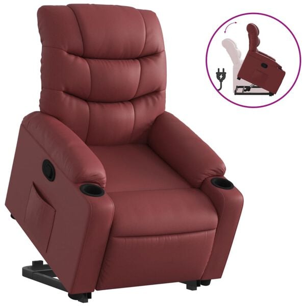 vidaXL Sill&oacute;n reclinable elevable cuero artificial rojo tinto
