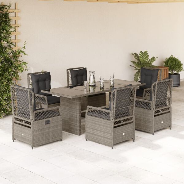 vidaXL Set comedor jard&iacute;n 7 pzas y cojines rat&aacute;n sint&eacute;tico gris claro