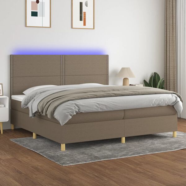vidaXL Cama box spring colch&oacute;n y luces LED tela gris taupe 200x200 cm