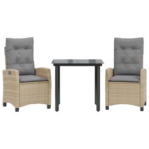 vidaXL Set comedor de jard&iacute;n 3 pzas con cojines rat&aacute;n sint&eacute;tico beige