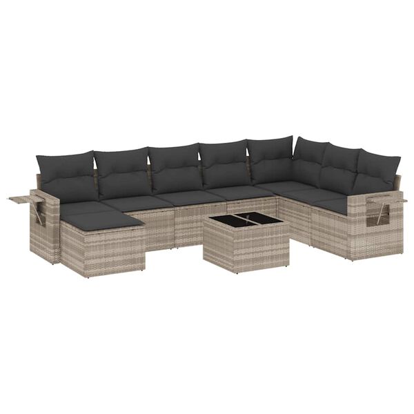 vidaXL Set muebles jard&iacute;n 9 pzas y cojines rat&aacute;n sint&eacute;tico gris claro
