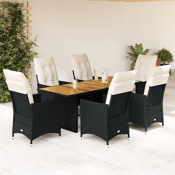 vidaXL Set de comedor de jard&iacute;n 7 pzas y cojines rat&aacute;n sint&eacute;tico negro
