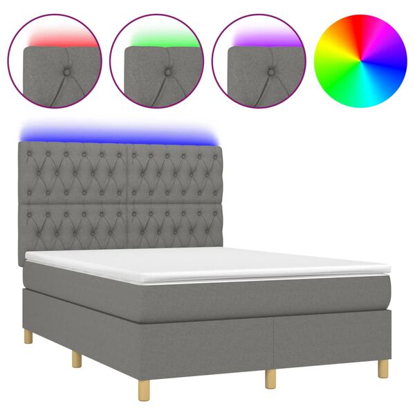 vidaXL Cama box spring colch&oacute;n y luces LED tela gris oscuro 140x190 cm