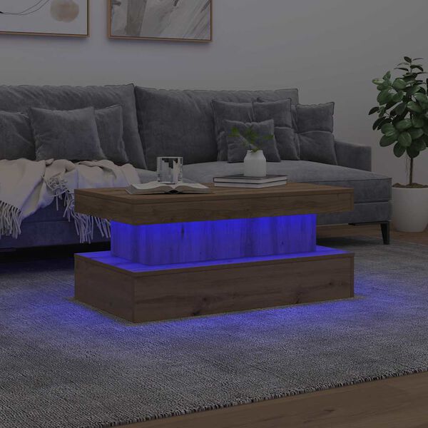vidaXL Mesa de centro con luces LED roble artisian 90x50x40 cm