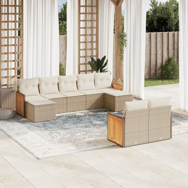 vidaXL Set de sof&aacute;s de jard&iacute;n 9 pzas con cojines rat&aacute;n sint&eacute;tico beige