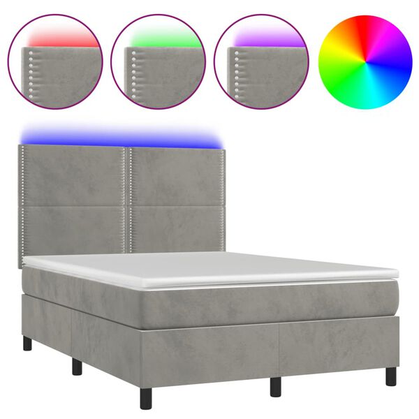 vidaXL Cama box spring colch&oacute;n y LED terciopelo gris claro 140x200 cm