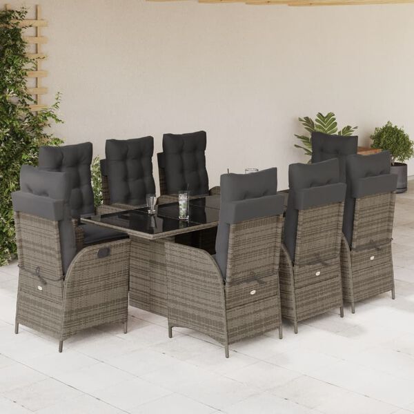 vidaXL Set comedor jard&iacute;n 9 pzas y cojines rat&aacute;n sint&eacute;tico gris
