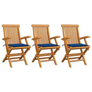 vidaXL Sillas plegables con cojines azul marino, 3 unidades, madera maciza de teca.