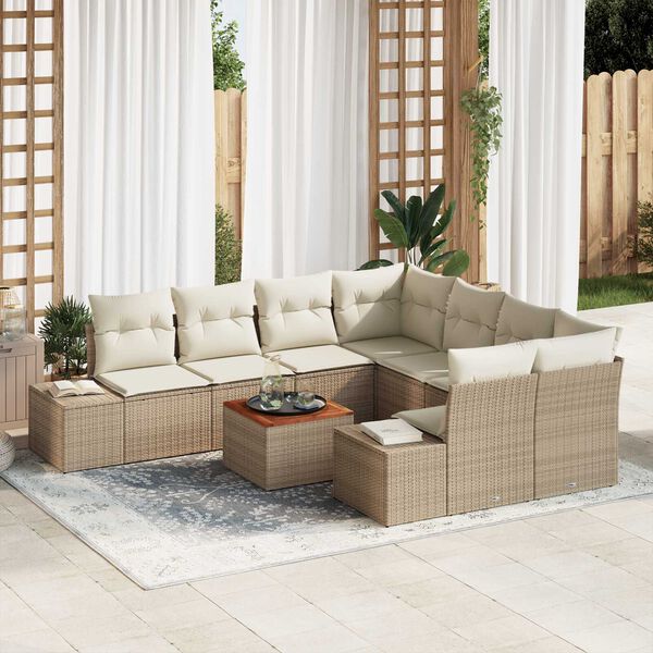 vidaXL Conjunto de sof&aacute;s de jard&iacute;n 9 pcs Beige y Crema rat&aacute;n sint&eacute;tico