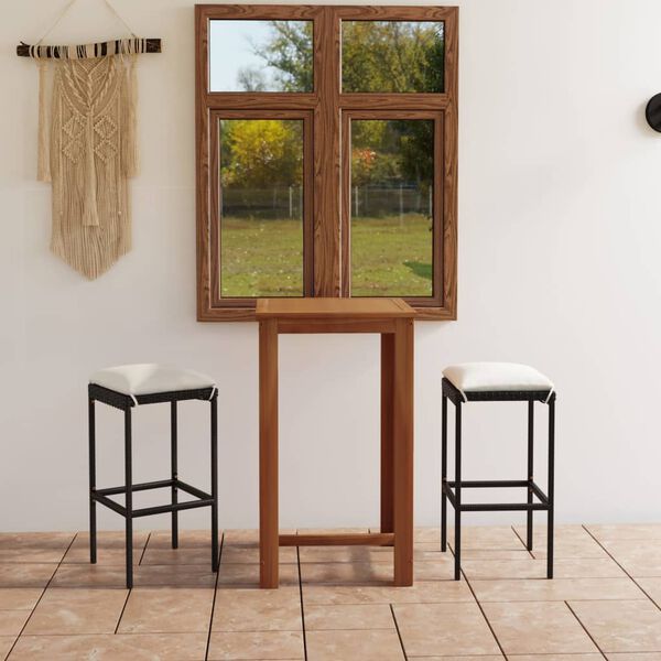 vidaXL Set de bar para jard&iacute;n 3 piezas y cojines rat&aacute;n sint&eacute;tico negro